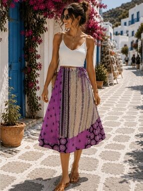 Wayan wrap skirt pink boho patchwork print made one size .
